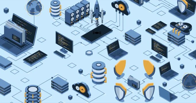 Isometric data network management animation. Cloud storage data and synchronization of devices. Networking, database, cloud storage. Isometric technology. 4K video animated in isometric style
