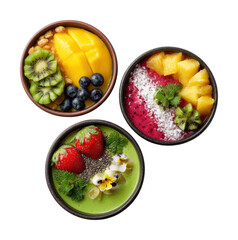Colorful healthy smoothie bowls kitchen food bright top-down isolated on transparent background