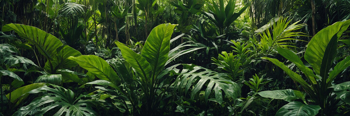 A lush and dense tropical jungle scene, filled with various shades of green foliage and exotic plants, creating a vibrant natural background