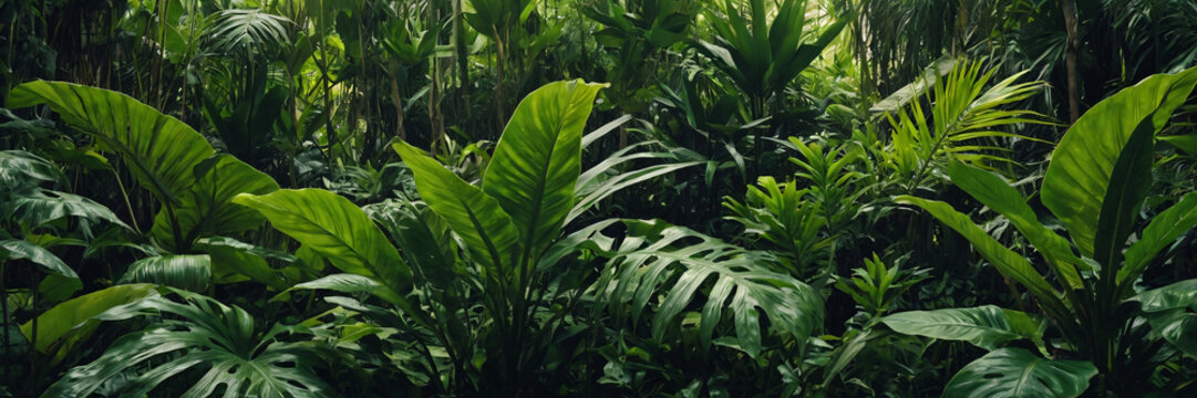 A lush and dense tropical jungle scene, filled with various shades of green foliage and exotic plants, creating a vibrant natural background