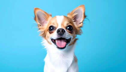 Happy chihuahua portrait against a vibrant blue background