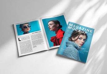 Isolated Magazine Cover and Open Magazine Mockup with Soft Shadows