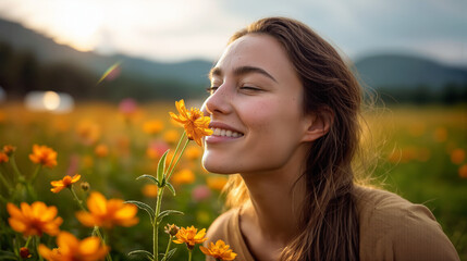 Embrace the warmth: A beautiful woman finds peace and happiness surrounded by bright, eco-luminous blossoms at sunset.
