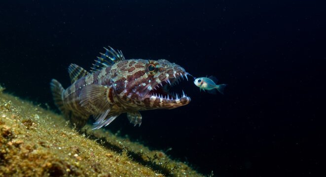 Dramatic underwater scene of lizardfish predating on a small glassfish