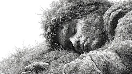 A peaceful giant sleeps embraced by nature s gentle touch a serene guardian dreaming of forests in a detailed black and