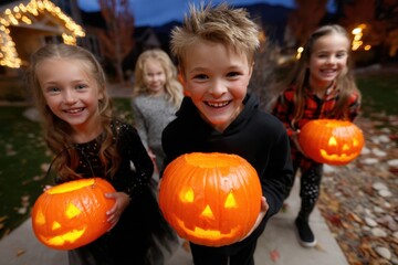 Fototapeta premium Children enjoy Halloween festivities while carrying carved pumpkins in a suburban neighborhood