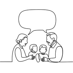Fototapeta premium Continuous Line art man and woman talking to children
