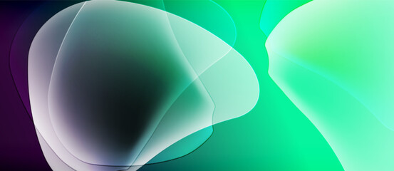 Abstract fluid shapes blend, creating vibrant teal, purple gradients. Soft light illuminates translucent forms, evoking calm energy.