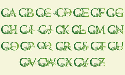 CA CB CC CD CE CF CG CH CI CJ CK CL CM CN CO CP CQ CR CS CT CU CV CW CX CY CZ. Initial Letter Logo with Green Leaf Vector, Eco Friendly Monogram for Nature Branding and Organic Business Identity.