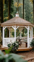 Fototapeta premium Serene forest gazebo surrounded by lush greenery and blooming flowers in a peaceful woodland setting during late spring