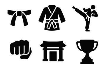 Martial arts icons: belt, gi, kicking, fist, torii, trophy silhouettes