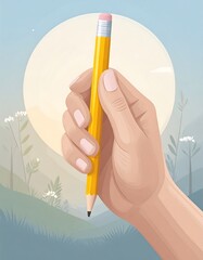 Hand holding a yellow pencil against a pastel landscape