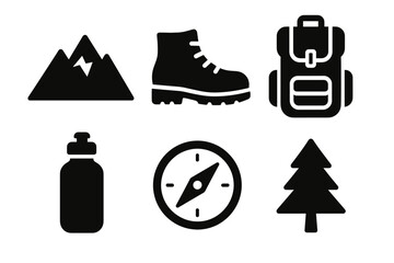 Outdoor adventure icons: mountain, boot, backpack, bottle, compass, tree