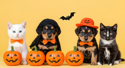 Adorable puppies and a kitten dressed up for Halloween with pumpkins and a bat decoration