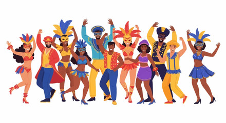 Vibrant diverse group in festive carnival costumes, joyfully dancing and celebrating a lively parade with colorful feathers and sequins