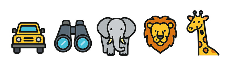 Obraz premium Colorful cartoon safari animals and items collection with jeep and binoculars