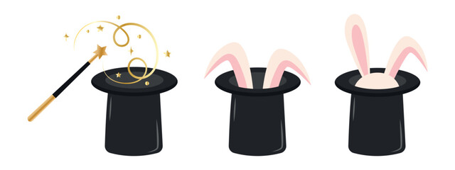 Magic wand with a hat and white rabbit ears. Vector of a magic trick with a white rabbit in a hat. © Екатерина Бырька