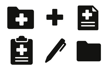 Obraz premium Healthcare icons: medical documents, clipboard, medicine symbol, pen and folders