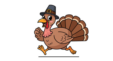 Cartoon Turkey Running with Pilgrim Hat for Thanksgiving