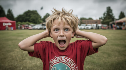 A young boy joyfully screams with excitement at an outdoor event, surrounded by a grassy field and colorful tents, embodying pure childhood happiness