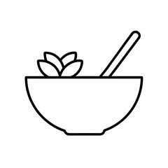 Outline drawing of a bowl with flower and a spoon on transparent background
