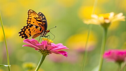 Obraz premium Monarch butterfly gracefully perched on a vibrant pink zinnia flower, its delicate wings a striking contrast against the soft, blurred yellow background