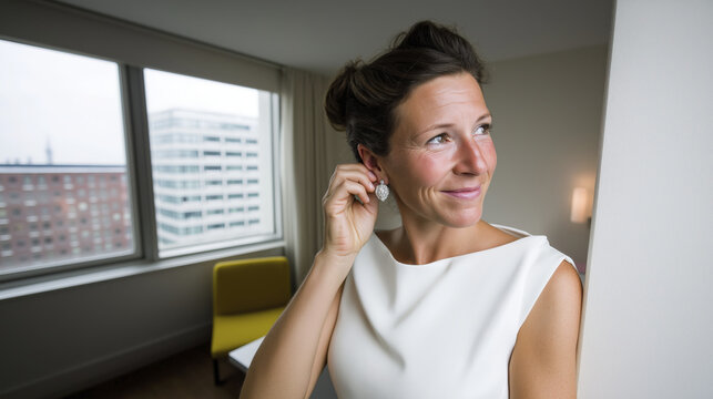 A bride prepares for her special day, adjusting her earring in a hotel room filled with soft light and a sense of joy