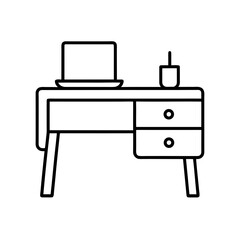 Line drawing of desk with laptop and small object on transparent background