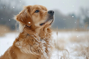 A beautiful dog enjoying the winter wonderland, standing gracefully in the glistening snow with a joyful expression on its face  