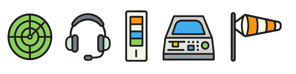 Colorful air traffic control icons: radar, headset, console, windsock