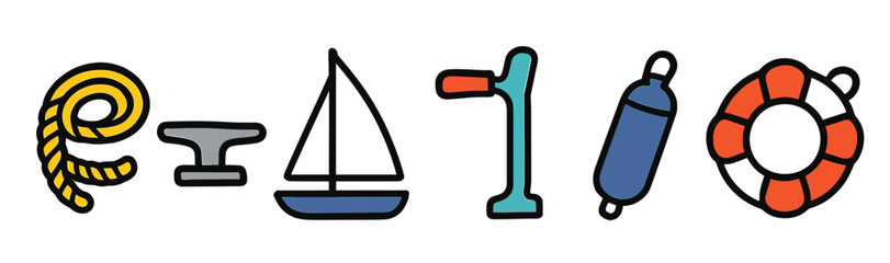 Fototapeta premium Colorful nautical icons featuring rope, anchor, sailboat, winch, fender, and lifebuoy