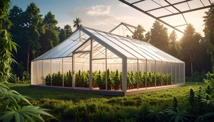 Obraz premium Cannabis Cultivation in a Modern Greenhouse Surrounded by Verdant Forest