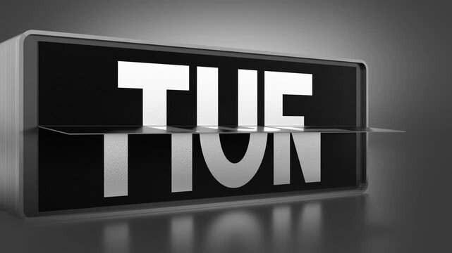 Rotating black flip calendar changing abbreviated days of a week from Sunday to Saturday - 3D 4k animation (3840x2160 px).