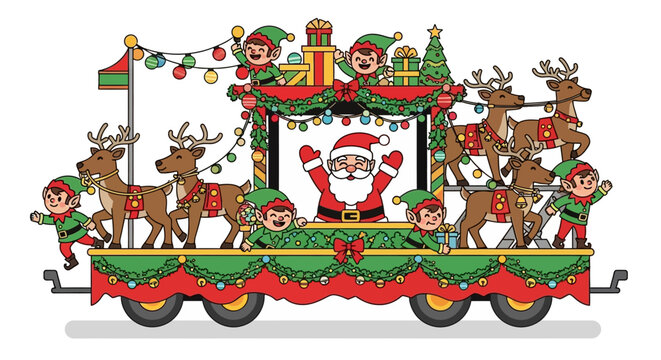 A festive cartoon Christmas parade float featuring Santa Claus, cheerful elves, and his team of reindeer