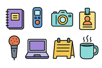 Colorful office icons: notebook, remote, camera, id badge, microphone, laptop, calendar, coffee