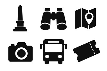 Travel icons: monument, binoculars, map, camera, bus, ticket silhouettes
