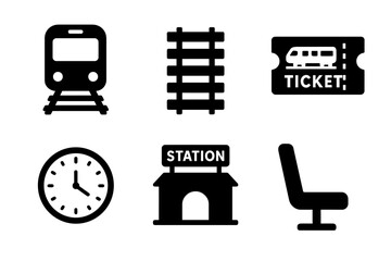 Train icons: train, tracks, ticket, clock, station, seat