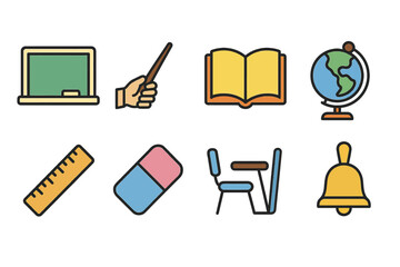 Colorful education icons: chalkboard, book, globe, ruler, eraser, desk, bell