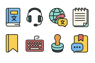 Language learning icons: book, headset, globe, notebook, bookmark, keyboard, stamp, message