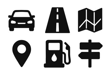 Car travel icons: vehicle, road, map, location, fuel, directions