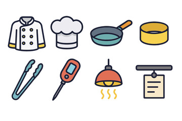 Colorful cooking icons set: chef jacket, hat, pan, bowl, tongs, thermometer, lamp, menu