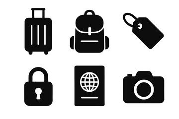 Travel essentials icons: suitcase, backpack, tag, lock, passport, camera silhouettes