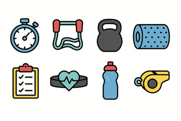 Colorful fitness icons featuring stopwatch, jump rope, kettlebell, and more