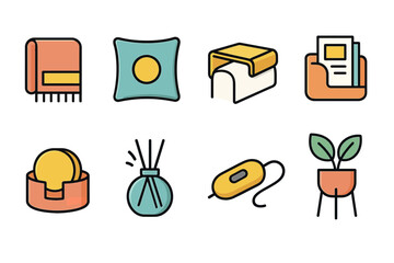 Simple and colorful home items collection: blanket, pillow, air freshener, plant, mouse