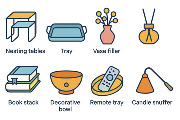 Home decor elements: nesting tables, tray, vase filler, book stack, decorative bowl, remote tray, candle snuffer