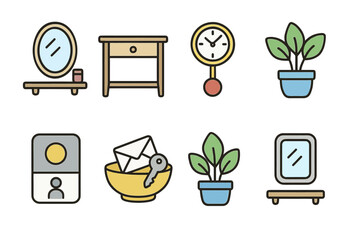 Home decor icons set: mirror, table, clock, plant, mail, key, shelf