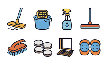 Cleaning supplies icons: mop, bucket, spray bottle, brush, sponge, window