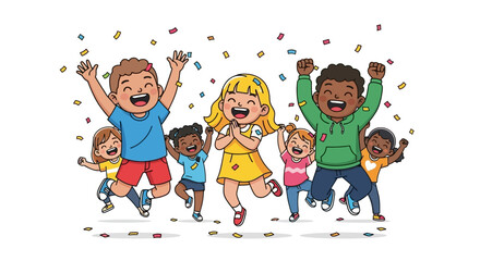 Diverse group of happy children celebrating with confetti and arms in the air