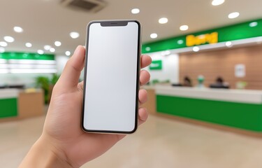 A person's hand holds a mobile phone in a modern bank, showcasing the ease of digital finance management for clients