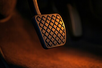 A close-up of a car�s brake pedal inside a dimly lit vehicle with warm ambient lighting